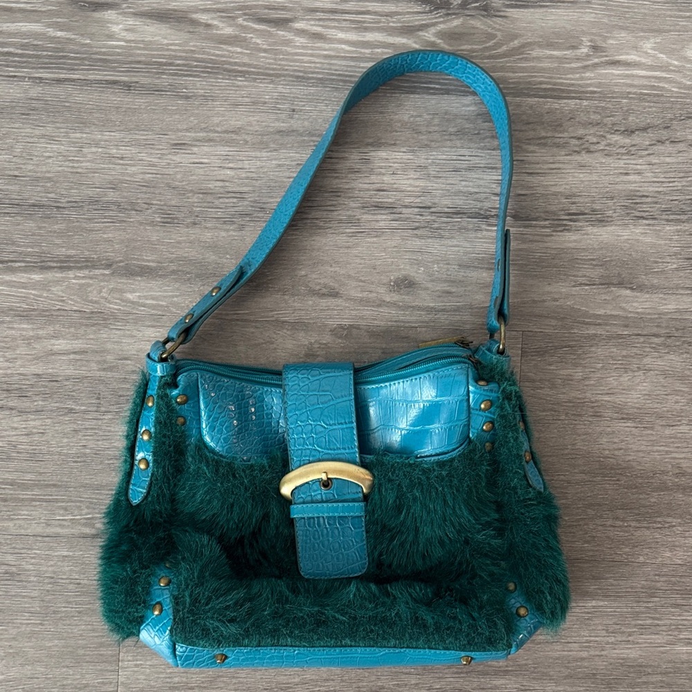 Teal Faux-Fur Shoulder Bag with Croc Texture